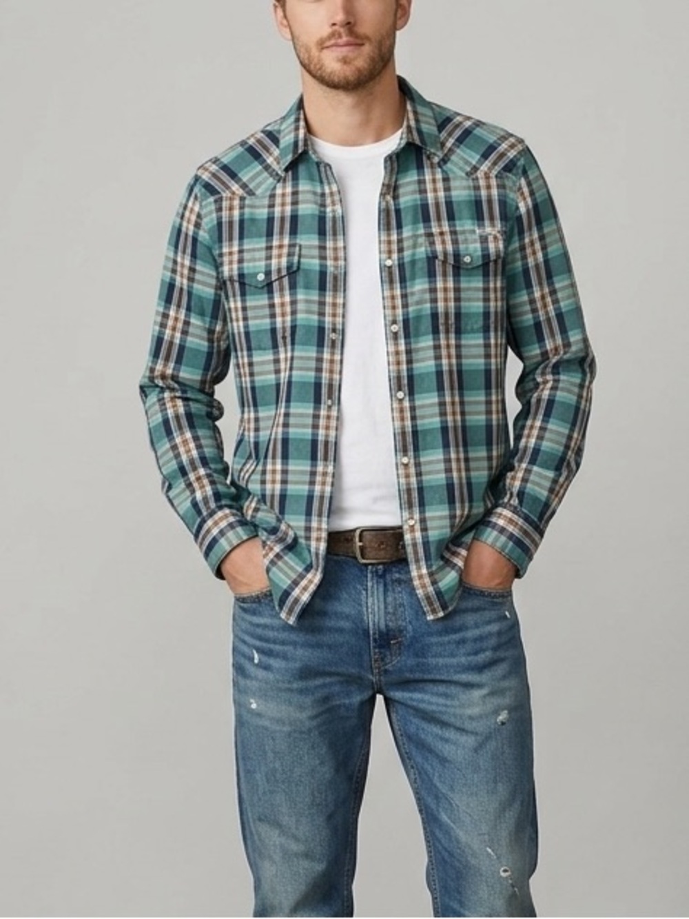 Lucky Brand Mens Green Plaid Western Long Sleeve Button Down Shirt